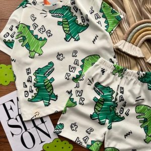 تی شرت و شلوارک دایناسور سبز | لباس کودک خنک و راحت (1 تا 9 سال)