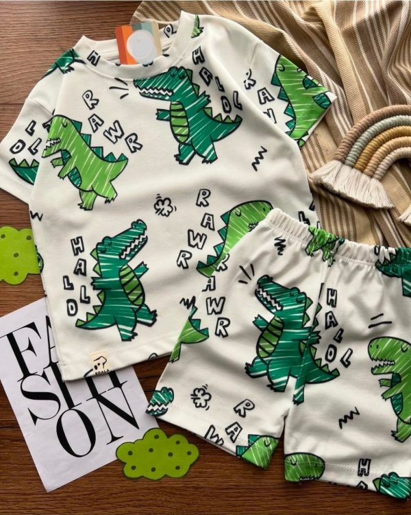 تی شرت و شلوارک دایناسور سبز - لباس کودک خنک و راحت برای تابستان