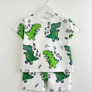 تی شرت و شلوارک دایناسور سبز - لباس کودک خنک و راحت برای تابستان