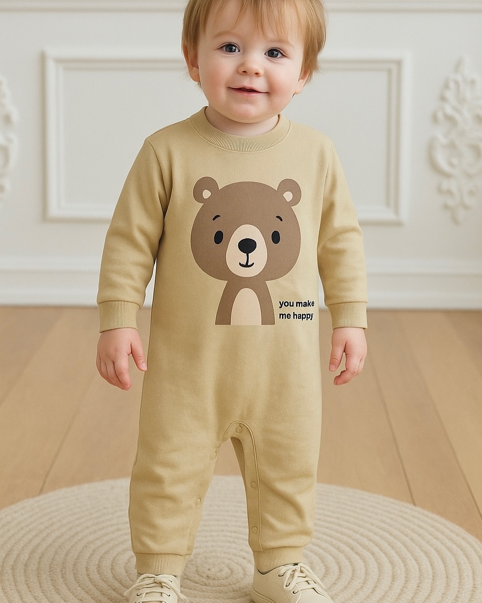 سرهمی نوزادی دورس پنبه طرح خرس رنگ کرمی – فروشگاه پوشاک بچگانه نینیآف