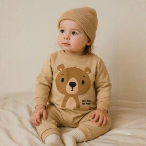 سرهمی نوزادی دورس پنبه طرح خرس رنگ کرمی – فروشگاه پوشاک بچگانه نی‌نی‌آف