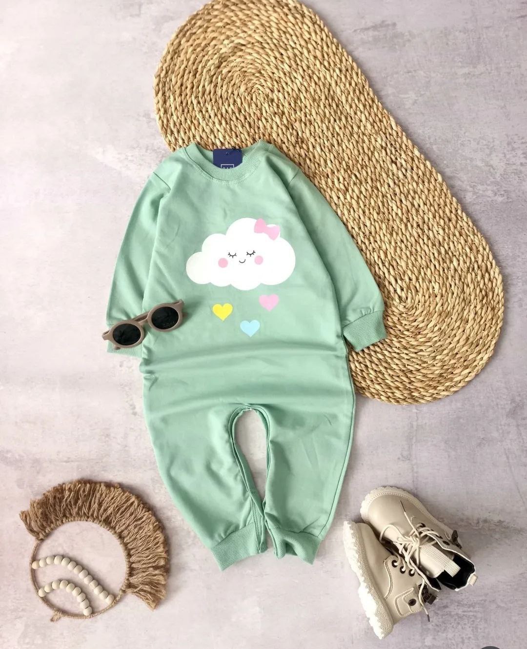سرهمی نوزادی دورس پنبه طرح ابر مهربون – فروشگاه پوشاک بچگانه نینیآف