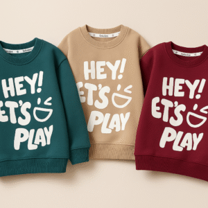 بلوز دورس توکرکی بچگانه طرح HEY! LET’S PLAY در سه رنگ زرشکی، سبز و نسکافه‌ای