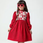 پیراهن دخترانه قرمز یلدایی – پارچه مخمل کبریتی ریز