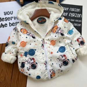 سویشرت بارانی بچگانه طرح فضانورد سفید با کلاه و آستر خزدار از نی‌نی آف