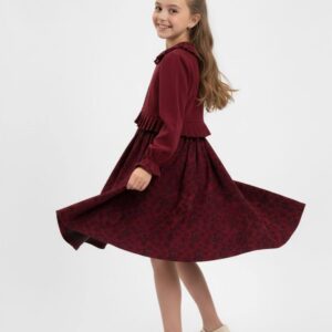کت و سارافون یلدایی دخترانه مخمل کبریتی و کتان تافته، مناسب 2 تا 9 سال