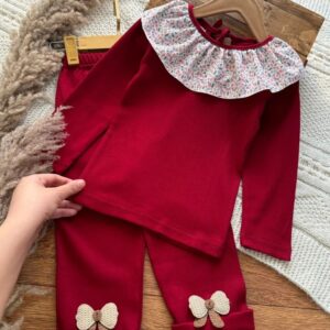 ست بلوز و شلوار دخترانه یقه گل‌گلی فانریپ پنبه کبریتی، مناسب ۳ تا ۱۰ سال