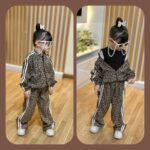 ست سه تیکه پلنگی دخترانه مخمل کبریتی با کراپ پنبه‌ای