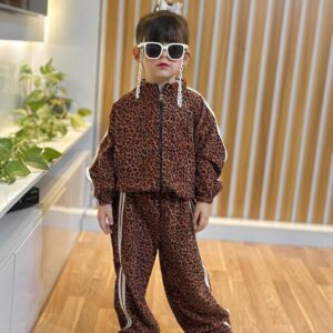 ست سه تیکه پلنگی دخترانه مخمل کبریتی با کراپ پنبه‌ای