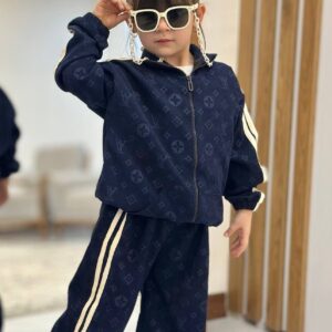 ست سویشرت شلوار دخترانه مخمل کبریتی طرح‌دار سرمه‌ای نمای پشت